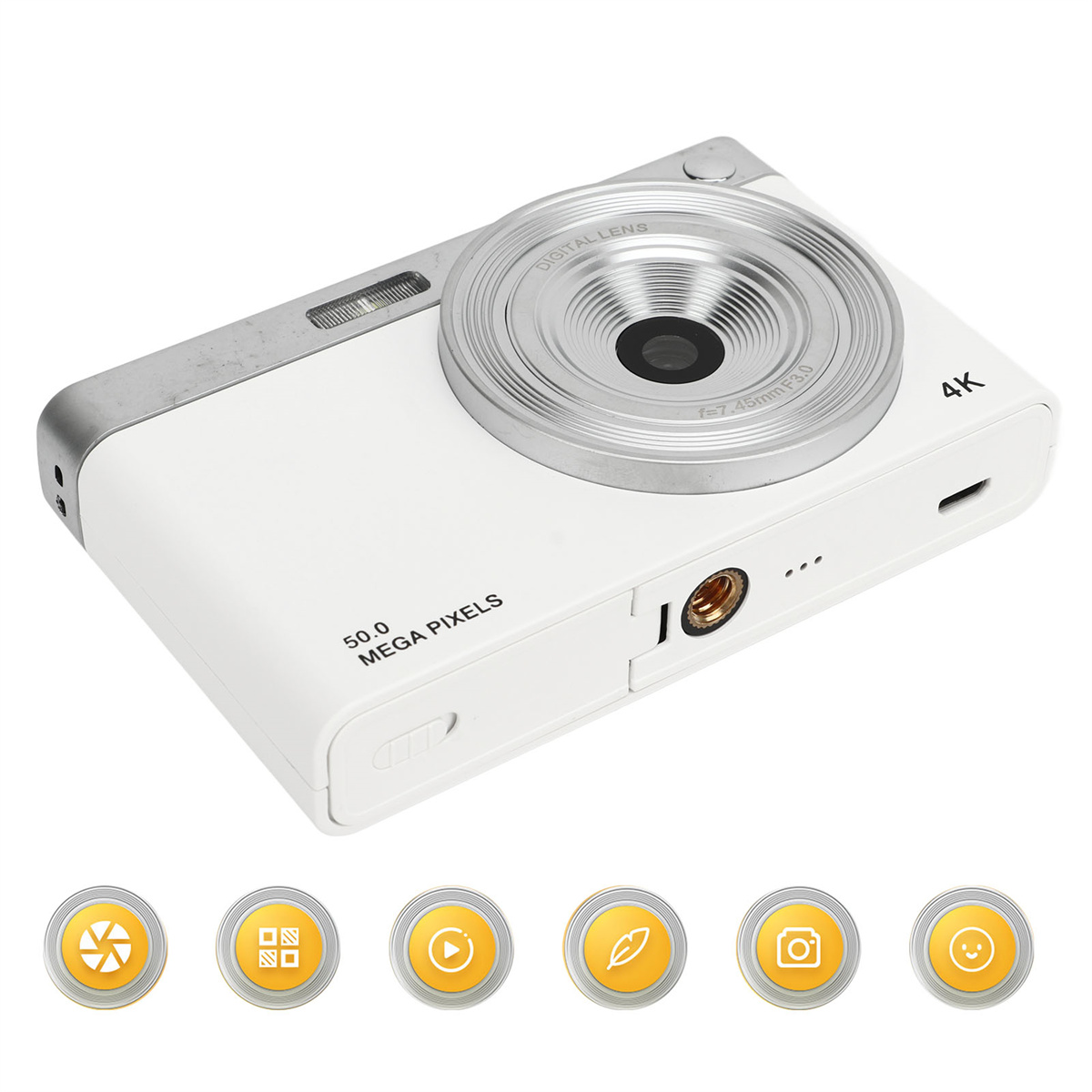 Weiße Digitalkamera mit silbernem Objektiv, 50,0 Megapixeln und Symbolen unten auf weißem Hintergrund.