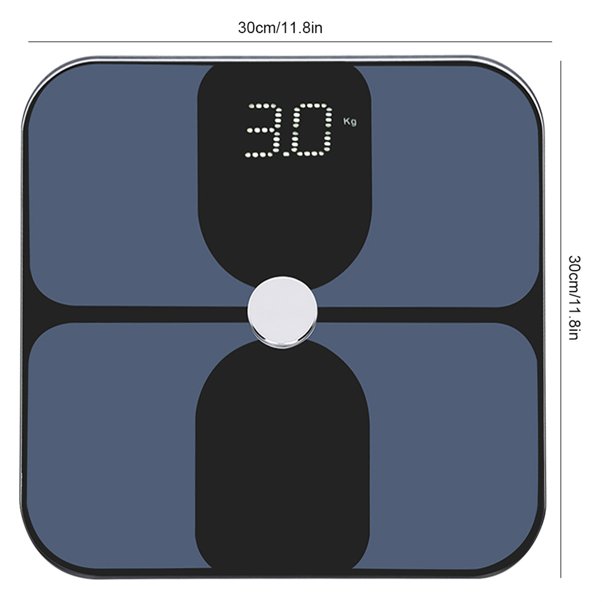 Digitale Badezimmerwaage mit 30 kg. Schwarzes und blaues Design, mit Maßangaben an den Seiten.