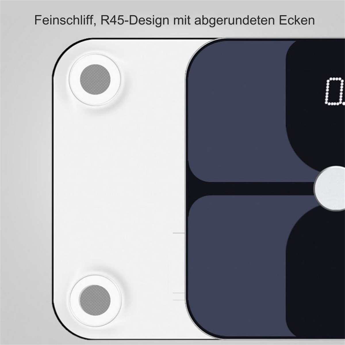 Weiße und dunkelgraue Waage. Zwei runde Knöpfe. Text: Feinsschliff, R45-Design mit abgerundeten Ecken.