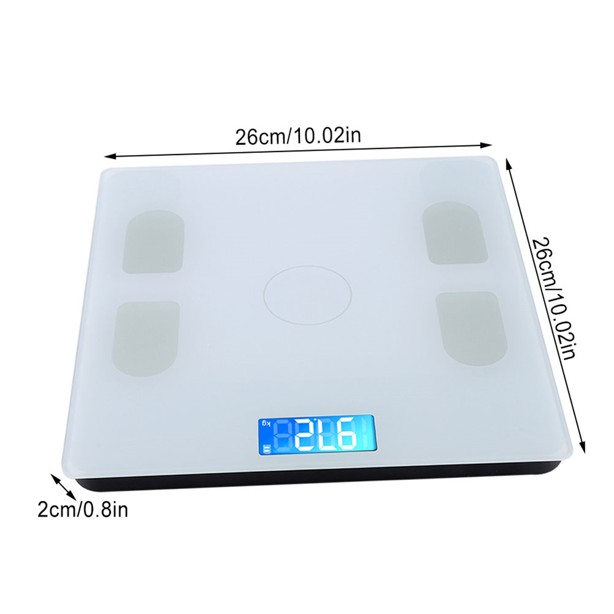 Weiße Digitalwaage mit blauer Anzeige. Abmessungen sind 26cm/10.02in. auf allen Seiten.