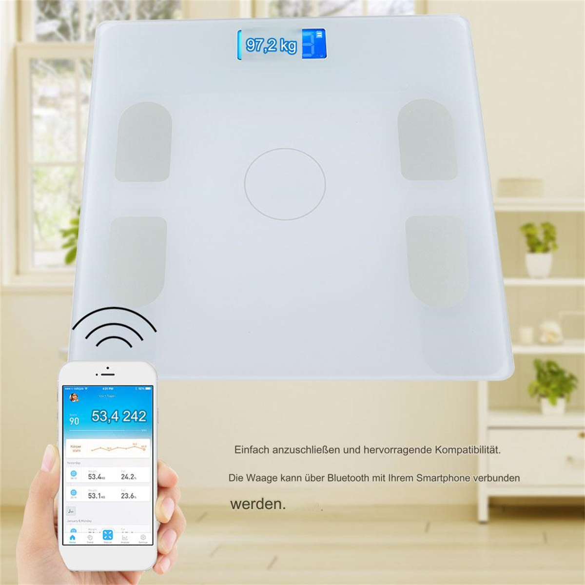 Weiße Smart-Waage mit Digitalanzeige und Smartphone.