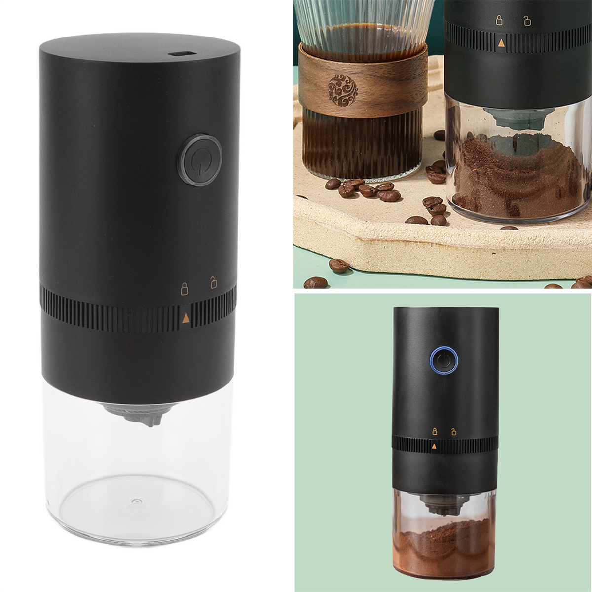 Schwarze Kaffeemühle mit einem klaren Becher. Weißer Hintergrund. Weitere Mühlen im Hintergrund.