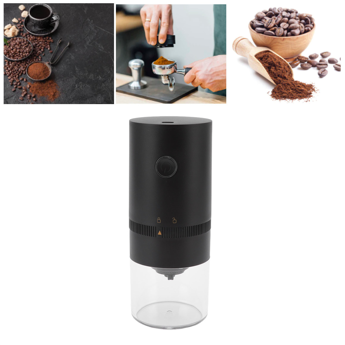 Kaffeebezogene Artikel: Kaffeebohnen, gemahlener Kaffee und eine schwarze Kaffeemühle.