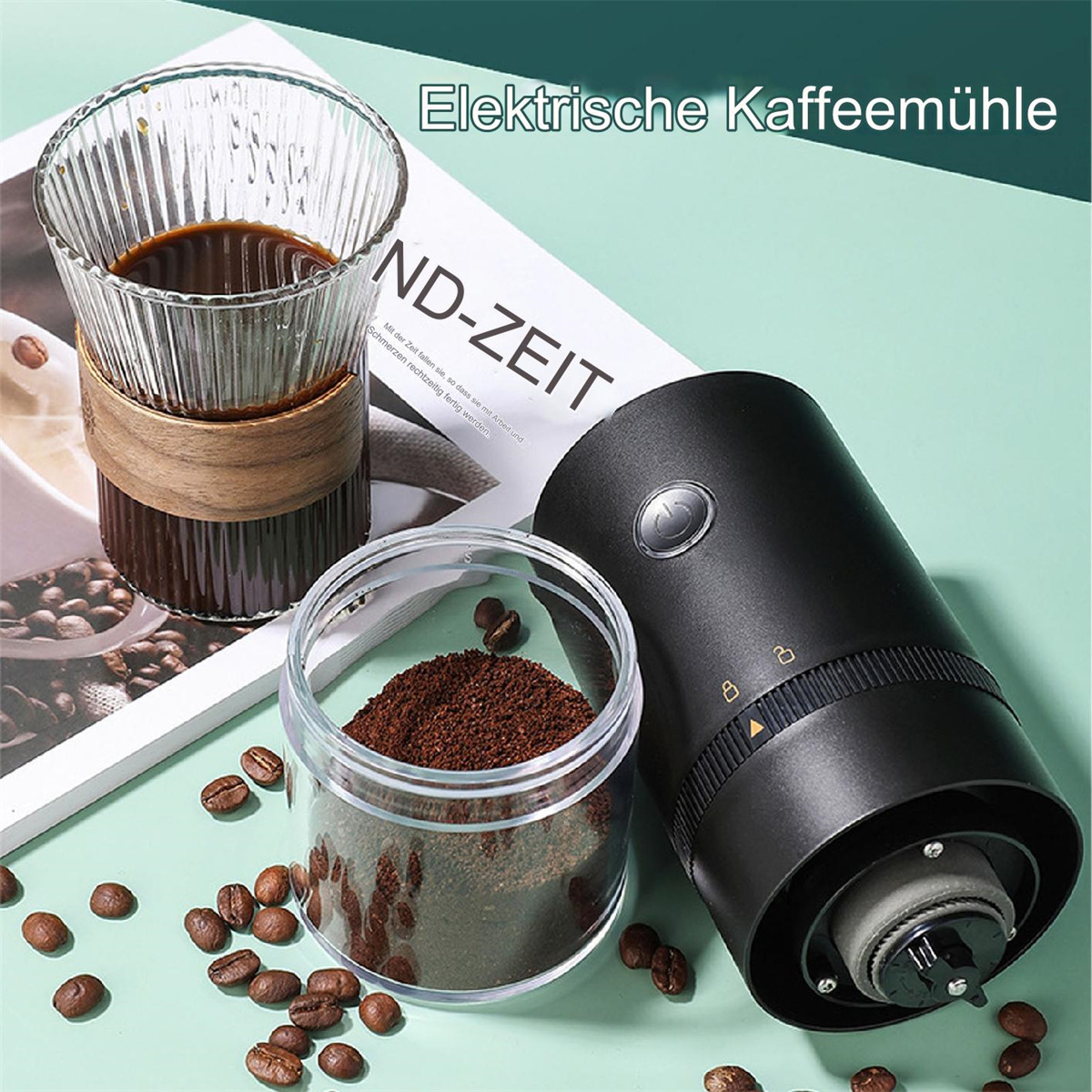 Kaffee, gemahlener Kaffee und eine schwarze elektrische Kaffeemühle auf einem Magazin.