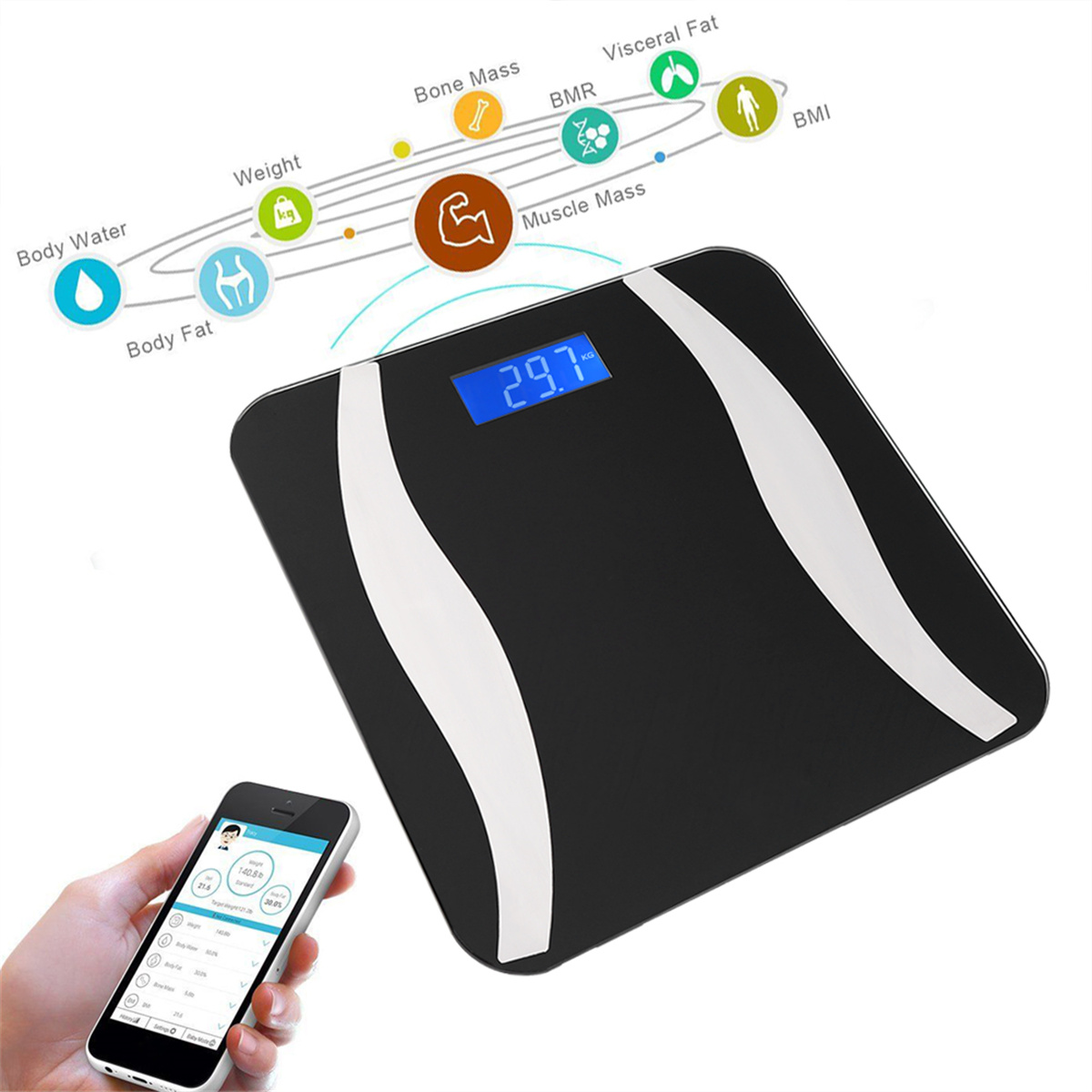 Schwarze Waage mit digitaler Anzeige, die 29,7 kg anzeigt. Symbole für Körperzusammensetzungsmetriken sind um die Waage herum dargestellt.