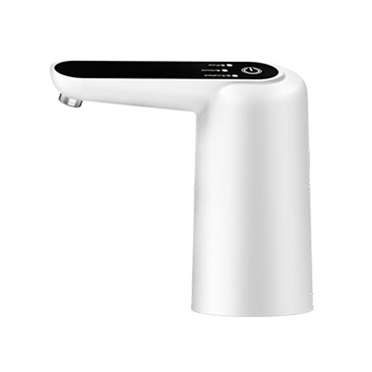 Weißer Wasserspender mit schwarzem Deckel. Er hat einen Ausguss und Bedienelemente.
