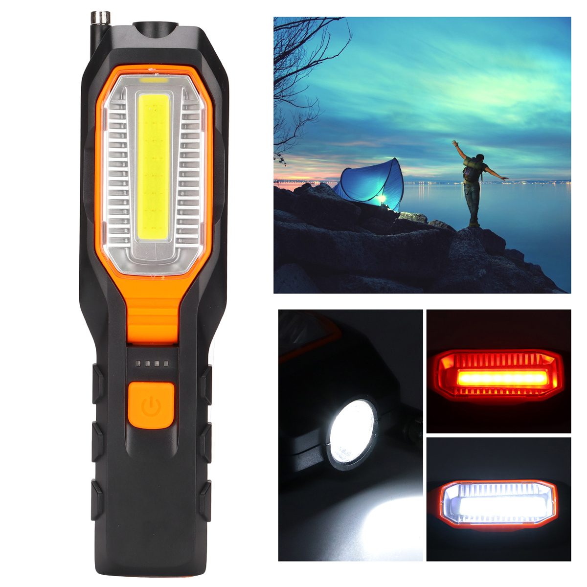 Schwarze und orangefarbene Taschenlampe mit mehreren Lichtmodi. Enthält eine Campingszene.