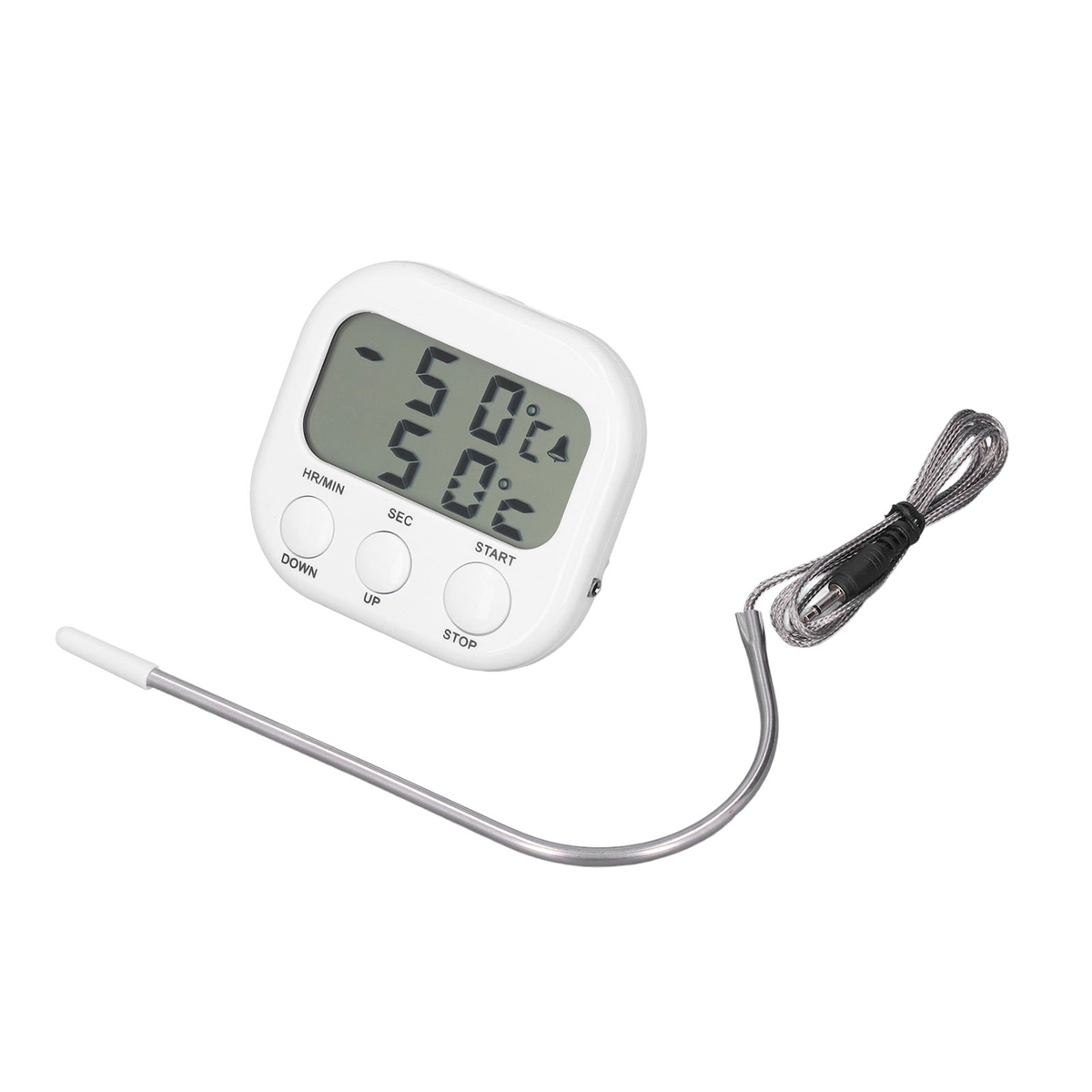 Weißer digitaler Küchentimer mit Sonde. Zeigt die Zeit an. Tasten für hoch, runter, Start und Stopp.