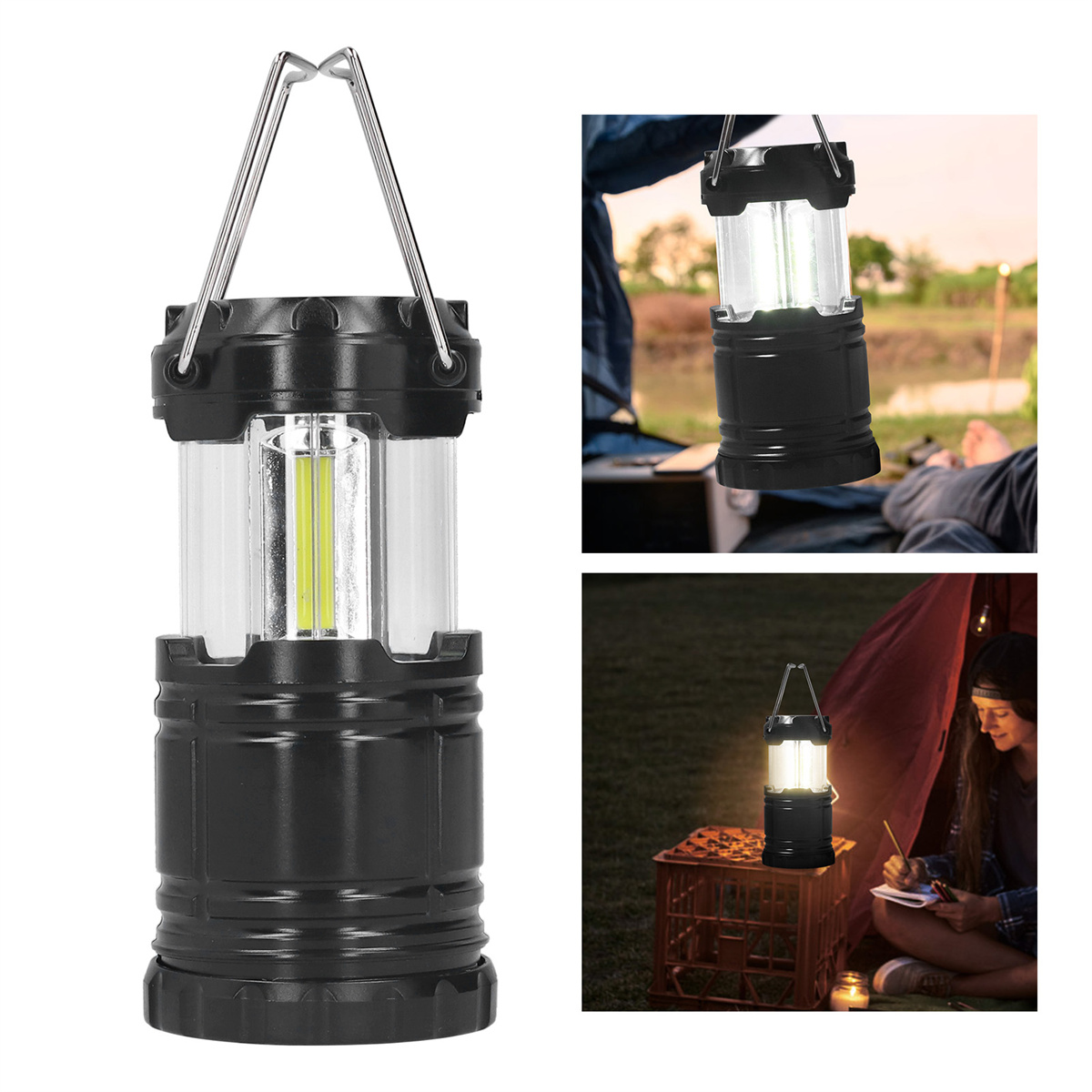 Schwarze Campinglaterne mit Griff. Drei Bilder zeigen die Laterne in verschiedenen Umgebungen.