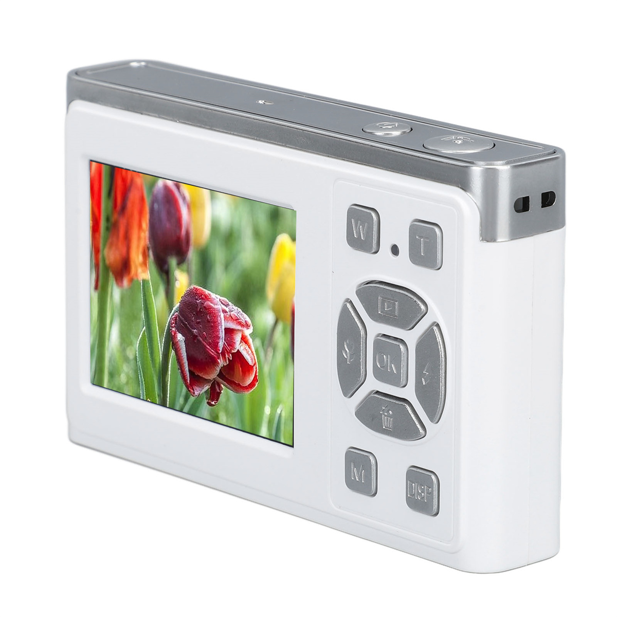 Weiße Digitalkamera, die ein farbenfrohes Blumenbild auf dem Bildschirm anzeigt.