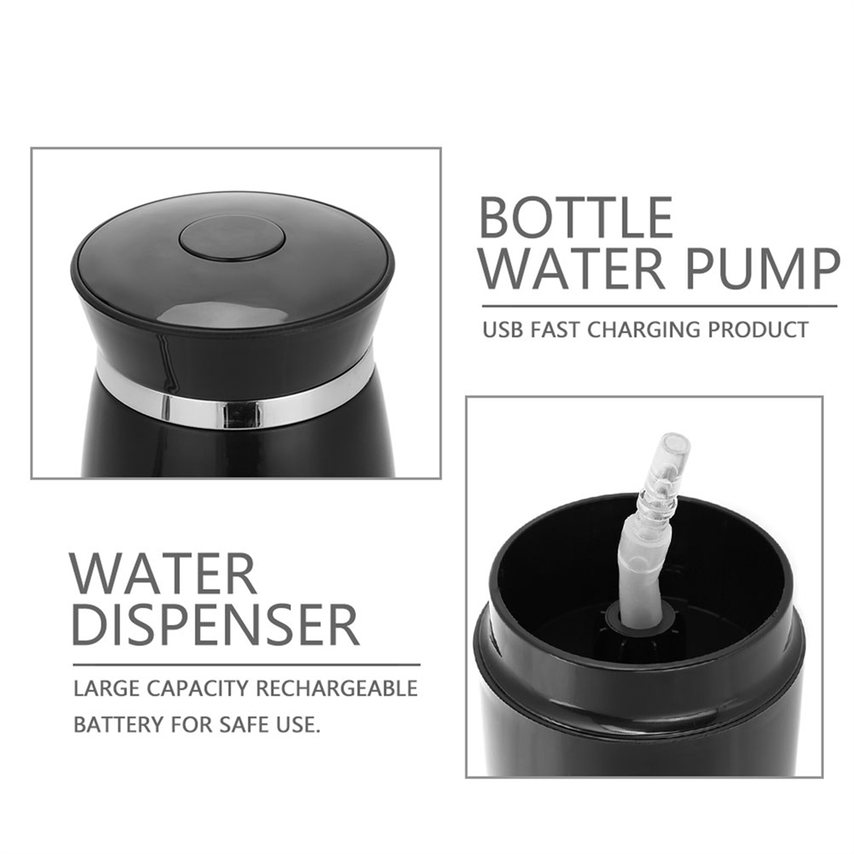 Schwarzer Wasserspender mit schwarzem Deckel und Strohhalm. Weißer Hintergrund.