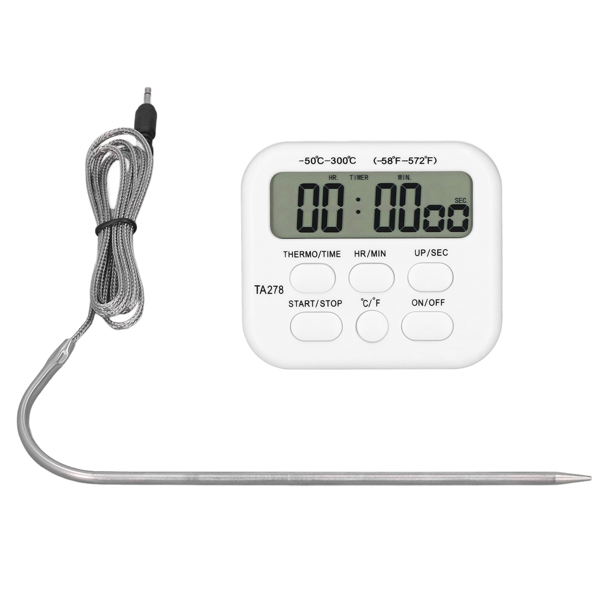 Weißer Timer mit Sonde. Zeigt 00:00 an. Tasten für Timer und Temperatur. Weißer Hintergrund.