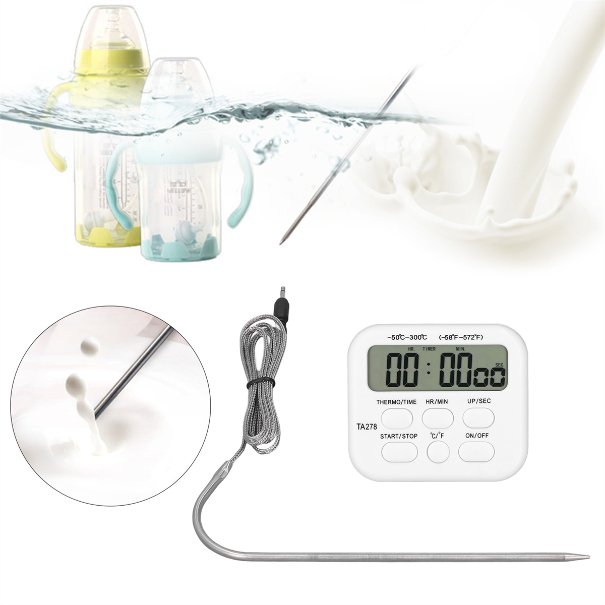 Thermometer und Timer mit Milch, Flaschen und gießender Milch, zeigt Temperaturkontrolle.