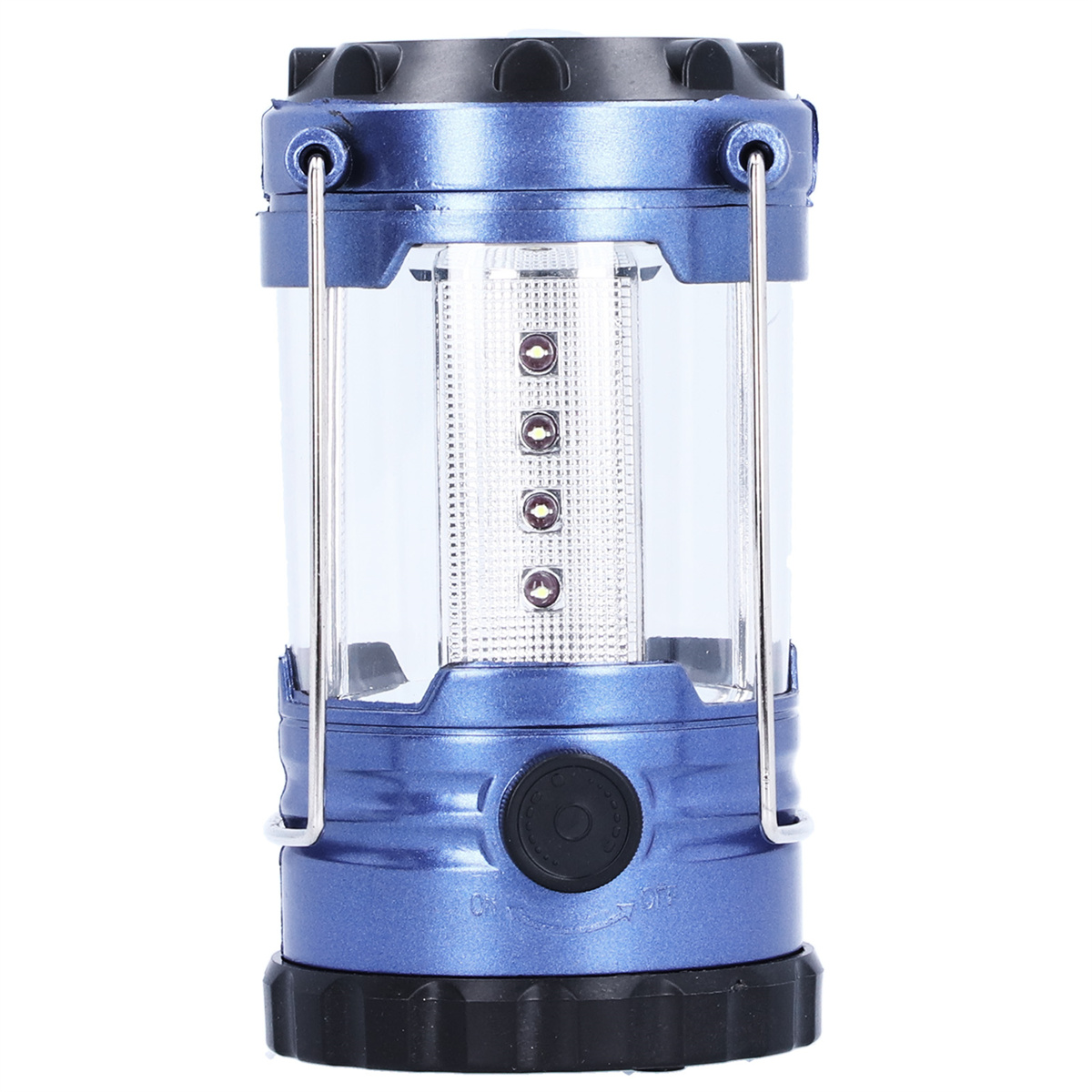Blaue Campinglaterne. Hat einen Griff und klare Paneele. LED-Leuchten im Inneren. Schwarzer Boden und Deckel.
