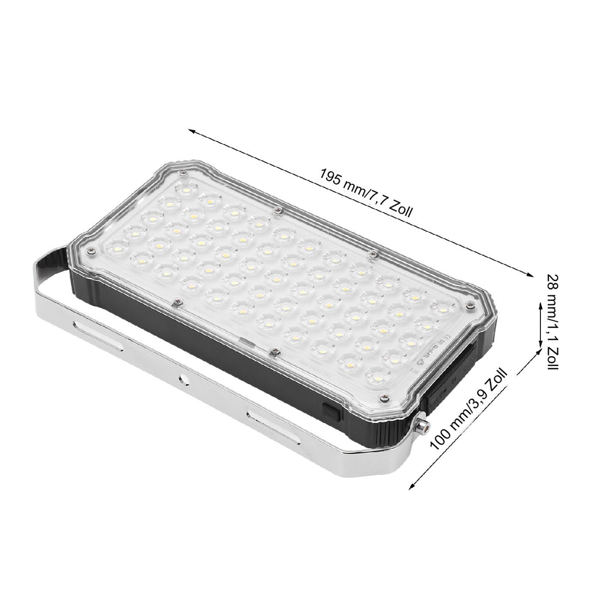 Rechteckiger LED-Fluter. Schwarz und Silber, mit Abmessungen und Messungen.