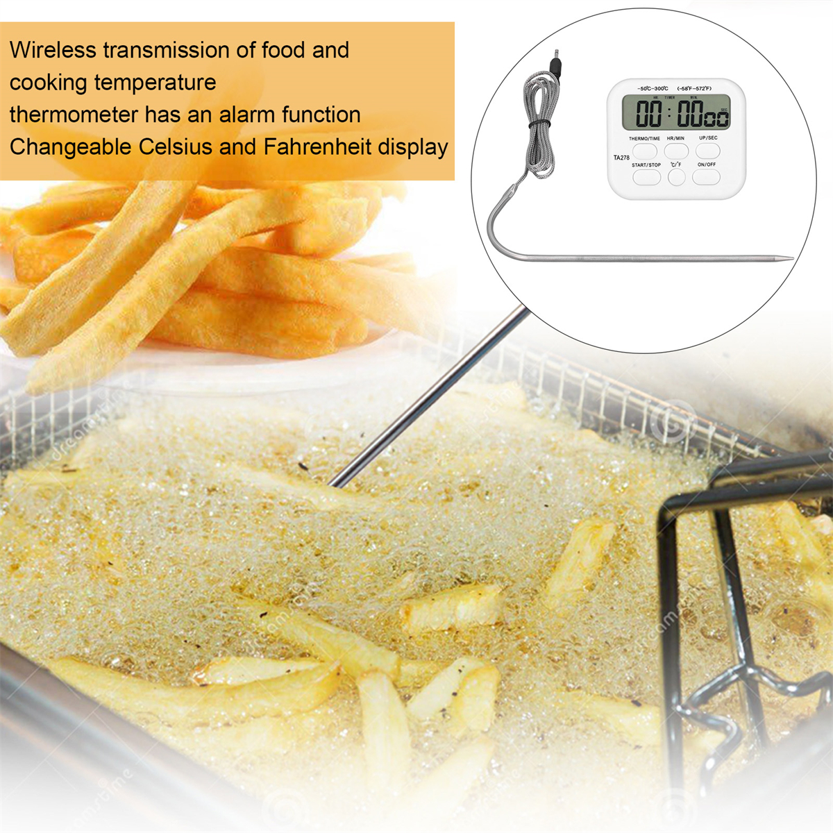 Thermometer- und Timer-Setup mit Pommes in Öl. Text: kabellose Übertragung von Lebensmitteln.