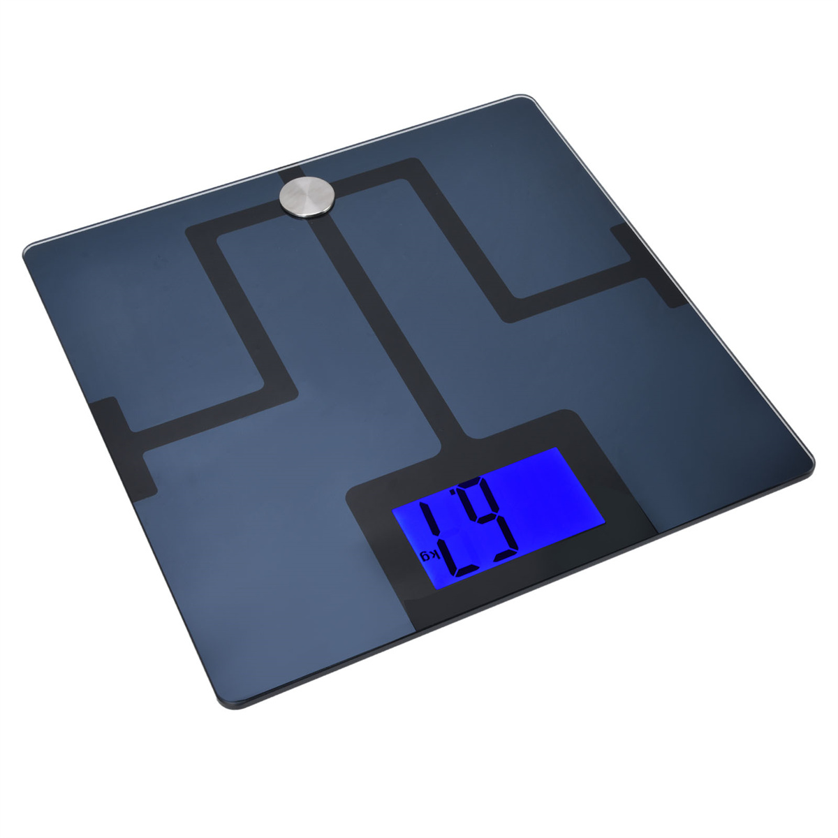 Eine blaue digitale Personenwaage mit einer Anzeige von 17,4 kg.