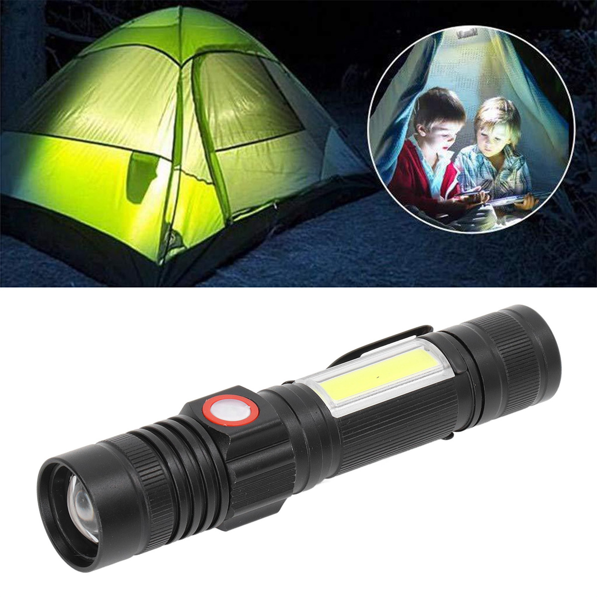 Taschenlampe, die Licht auf Kinder in einem Zelt bei Nacht wirft.