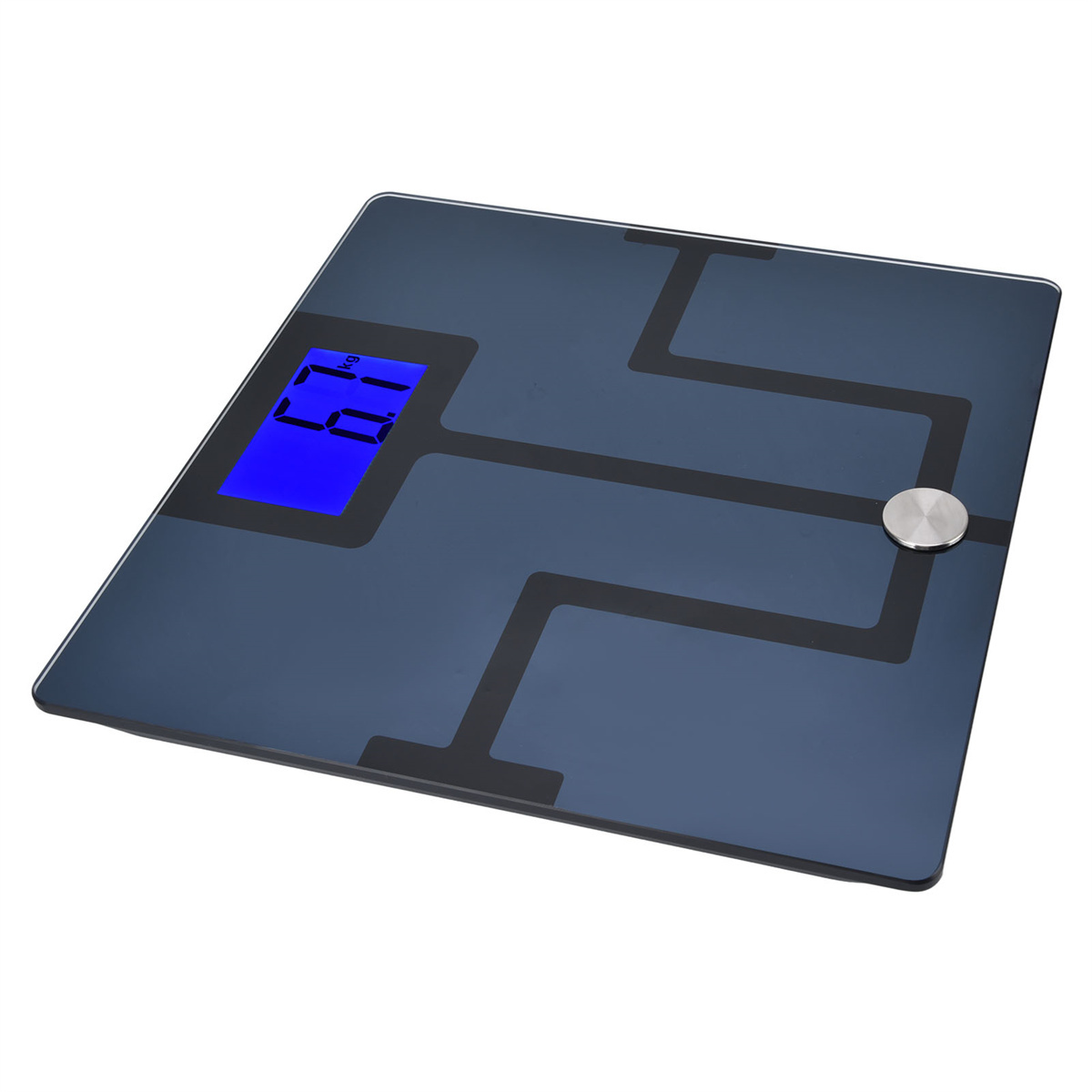 Digitale Badezimmerwaage. Blaue Anzeige zeigt Gewicht. Schwarze Linien und silberner Knopf.