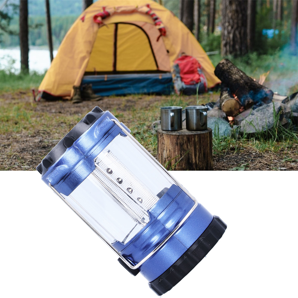 Blaue Campinglaterne, gelbes Zelt im Hintergrund, Lagerfeuer und Waldszene.