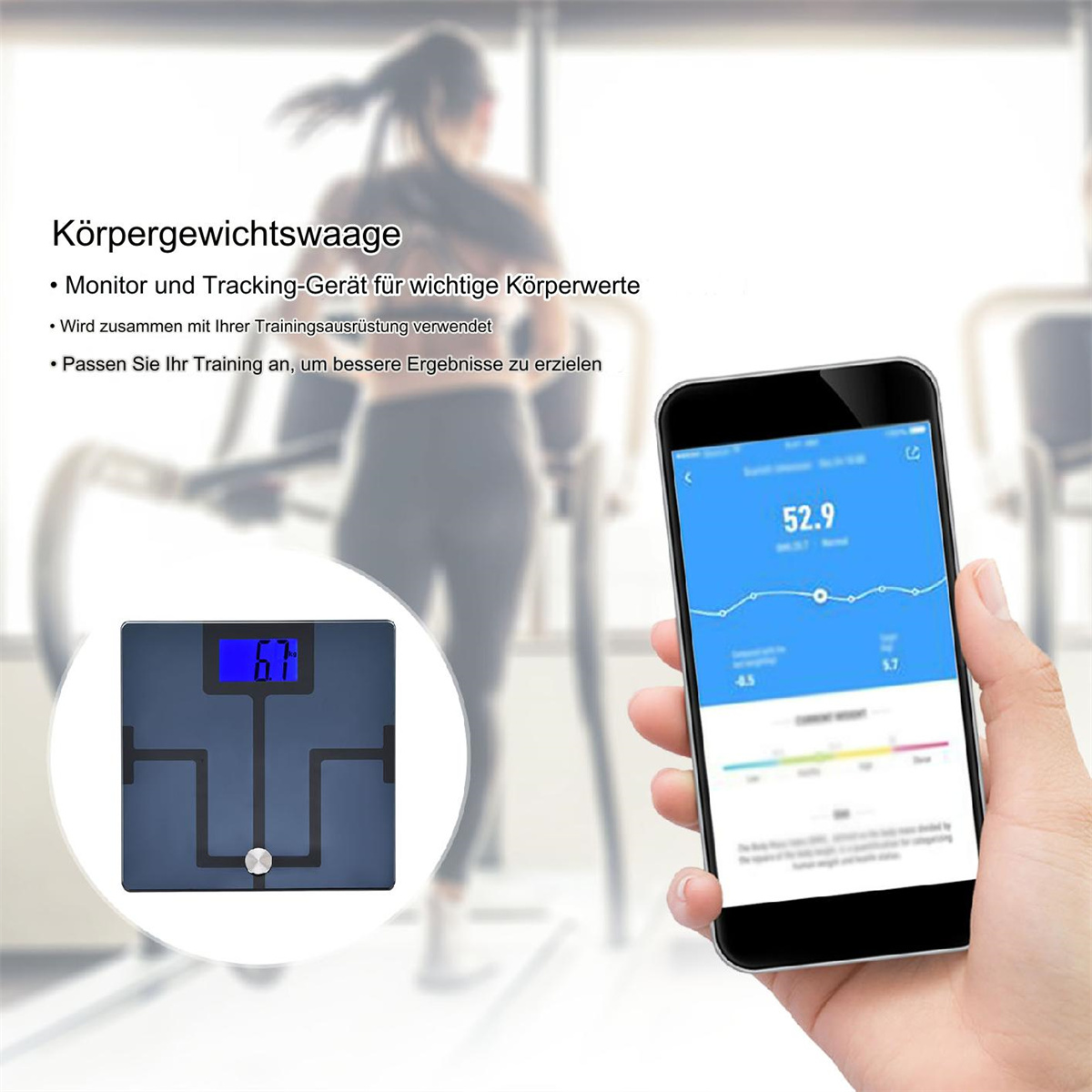 Digitale Körpergewichtswaage und ein Smartphone. Das Telefon zeigt ein Diagramm und das aktuelle Gewicht.