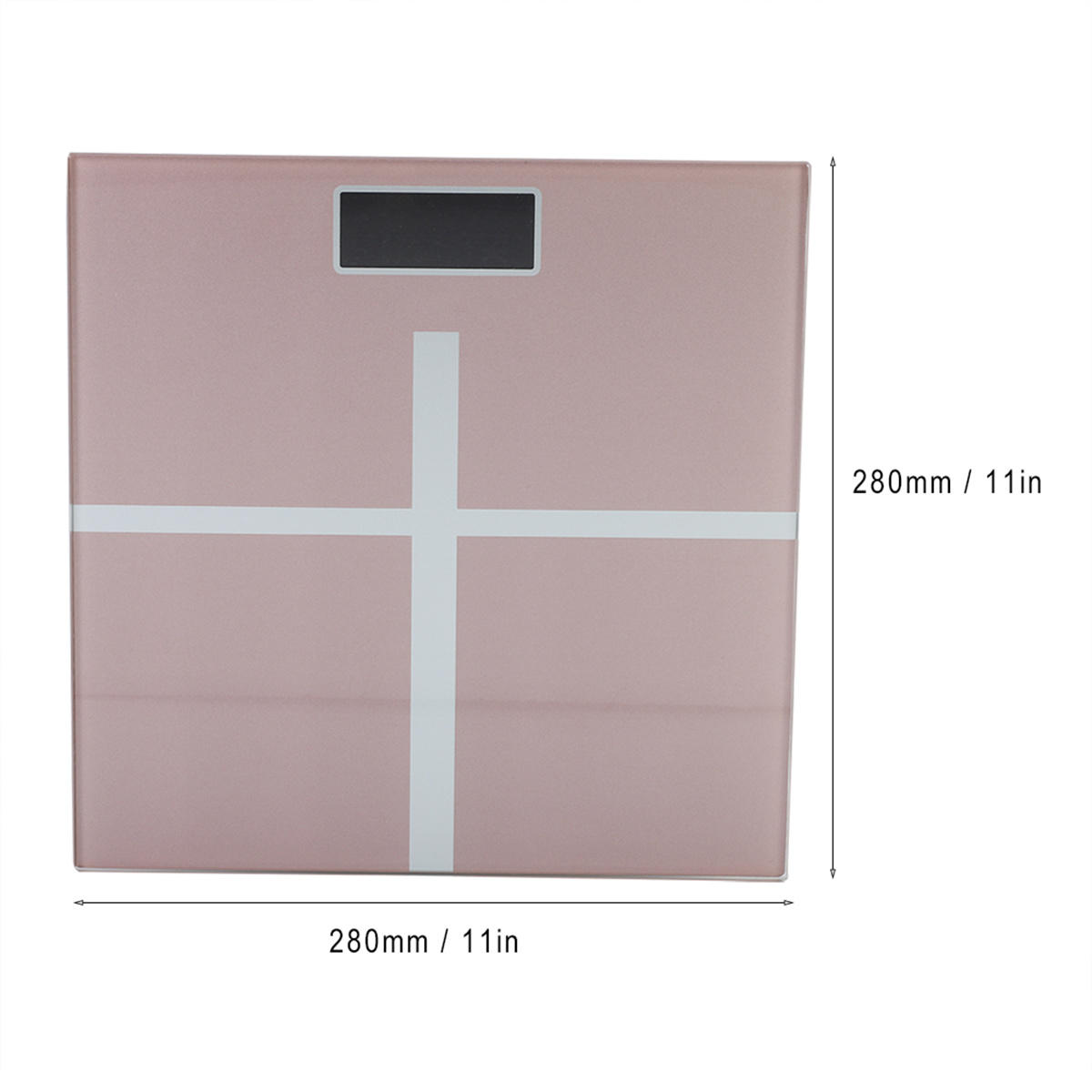 Roségoldene Waage mit schwarzem Display, weißen Kreuzlinien und Abmessungen in mm/in.