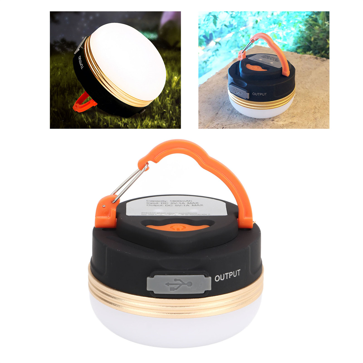 Runde Campinglaterne. Schwarz, Gold und Orange. Weißes Licht. Isoliert auf Weiß.