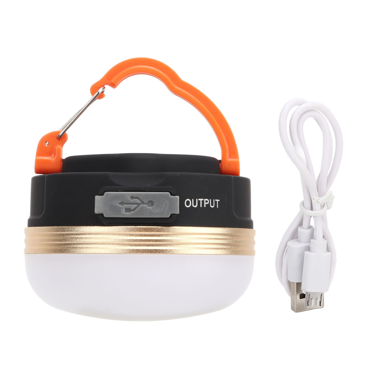 Schwarz-orange Campinglampe mit USB-Kabel. Weißer Hintergrund.