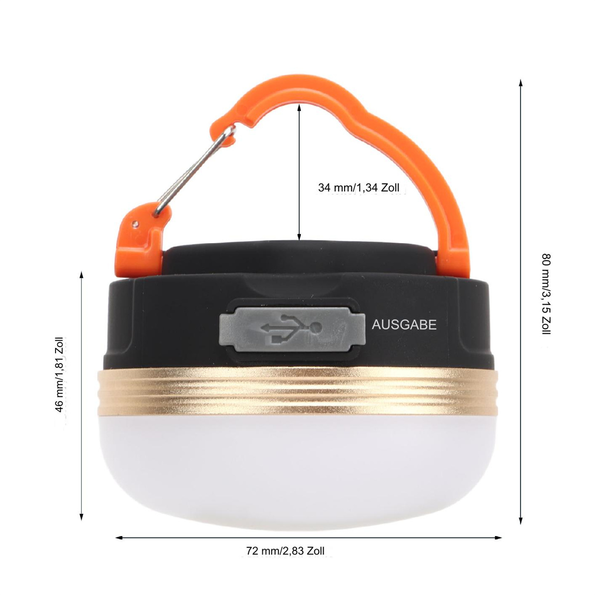 Eine Campinglampe, orangefarbener Clip, mit Abmessungen und Maßen in mm.