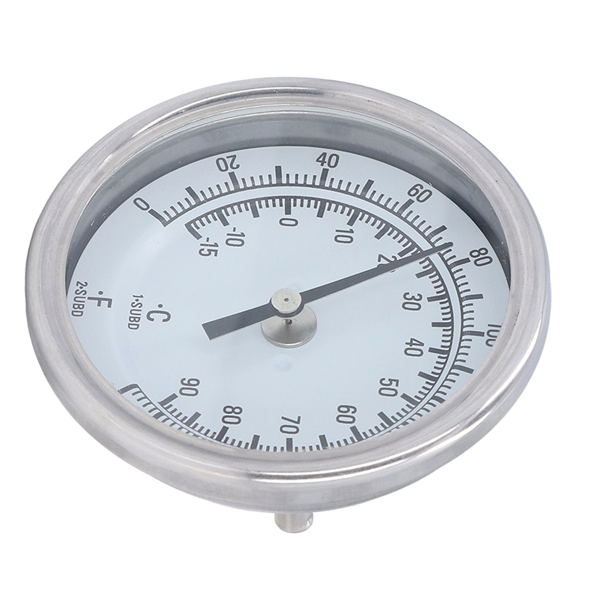 Runder Thermometer mit Chromrand und weißem Zifferblatt. Die Nadel zeigt etwa 25 Grad an.