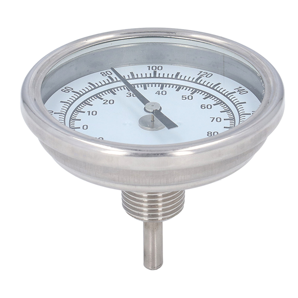 Ein runder Temperaturmesser mit weißem Zifferblatt, silbernem Rand und einer Temperaturskala von 0 bis 140.