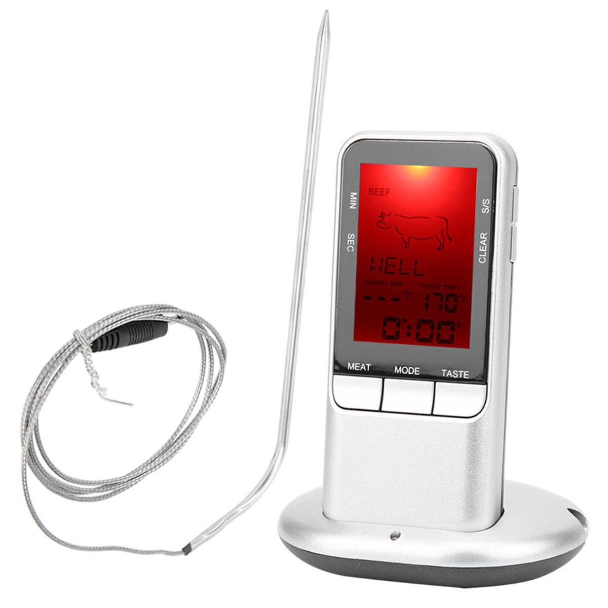 Silbernes digitales Fleischthermometer mit Sonde und Display, das Temperatur und Einstellungen anzeigt. Rote Anzeige.
