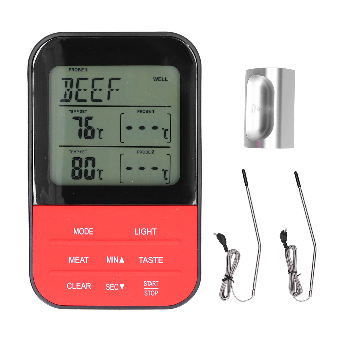 Rotes und schwarzes Fleischthermometer mit zwei Sonden. Anzeige zeigt Temperatureinstellungen.