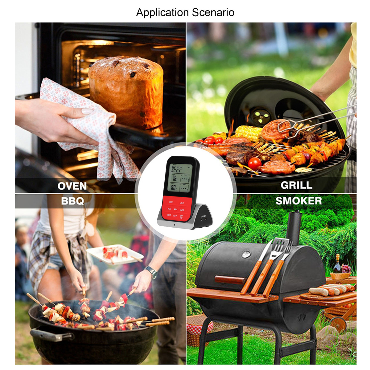 Thermometer mit Kochszenarien: Ofen, Grill, Smoker und BBQ. Enthält Bilder jeder Anwendung.