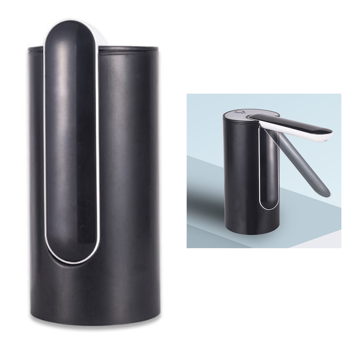 Schwarze Wasserpumpe mit weißem, gebogenem Griff, zwei Ansichten, eine mit ausgeklapptem Griff.