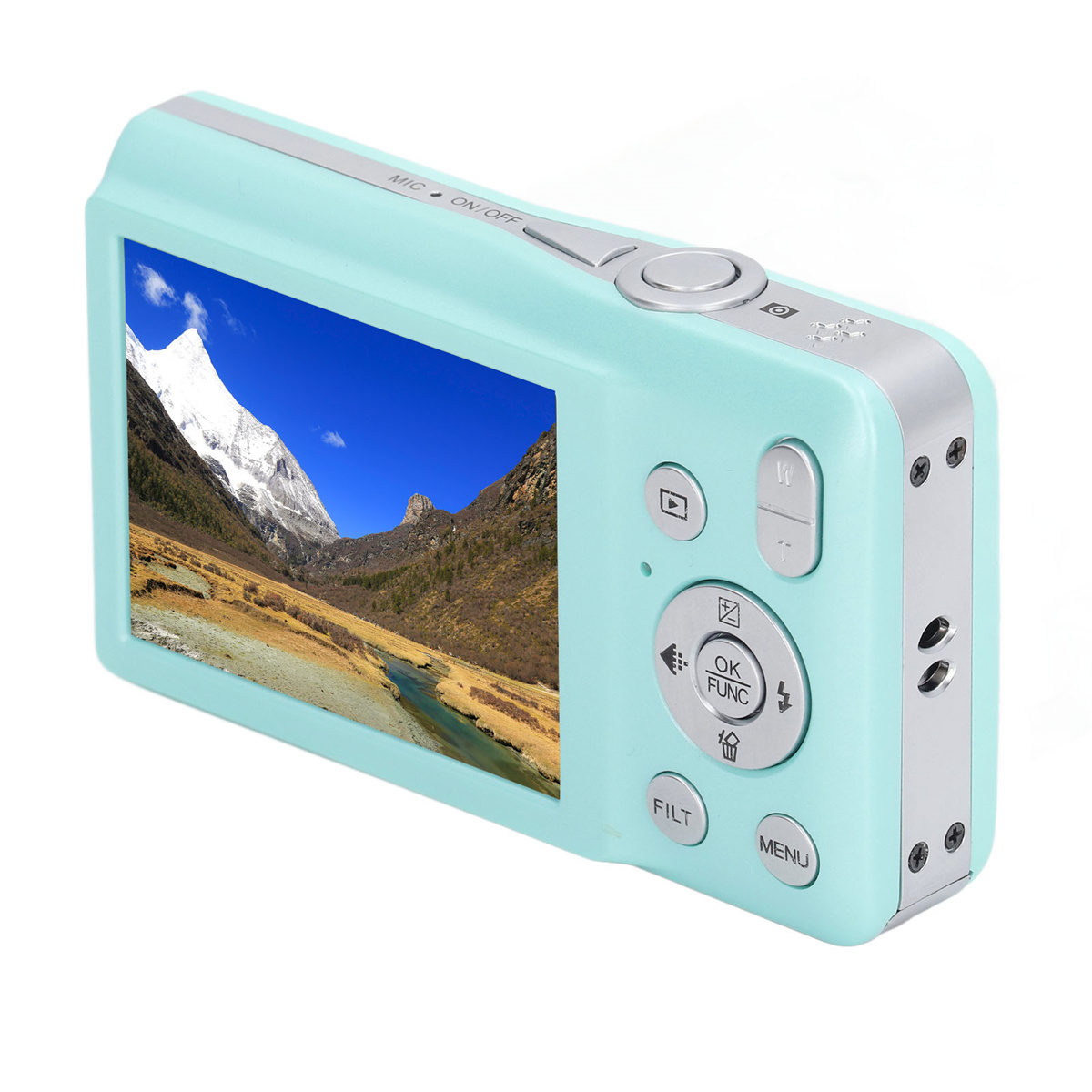 Türkisfarbene Kamera mit Bildschirm, der eine Landschaft zeigt. Weißer Hintergrund, Knöpfe sichtbar.