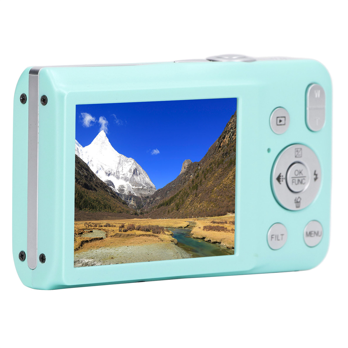 Türkis digitale Kamera mit kleinem Bildschirm, der eine Berglandschaft zeigt.