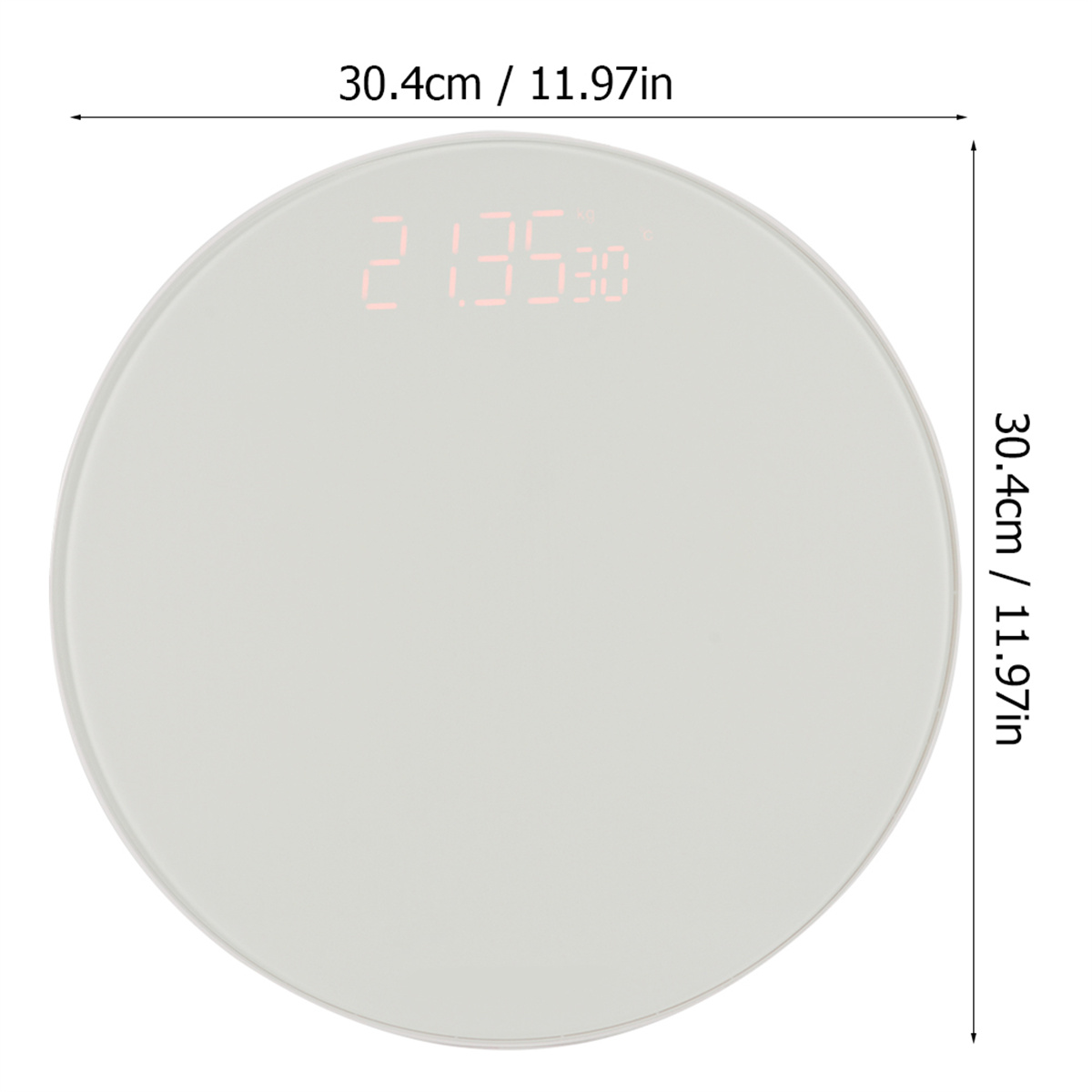 Weiße runde Waage mit digitaler Anzeige. Abmessungen sind 30,4 cm/11,97 Zoll.