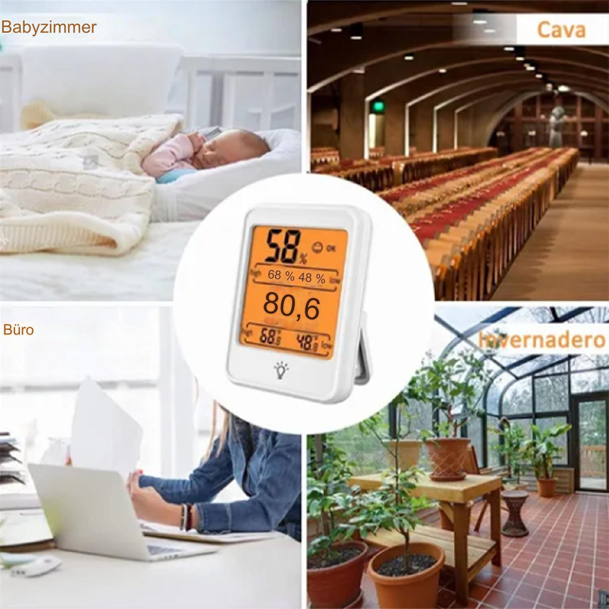 Ein digitales Thermometer in verschiedenen Umgebungen, darunter ein Babyzimmer, ein Büro und ein Gewächshaus.