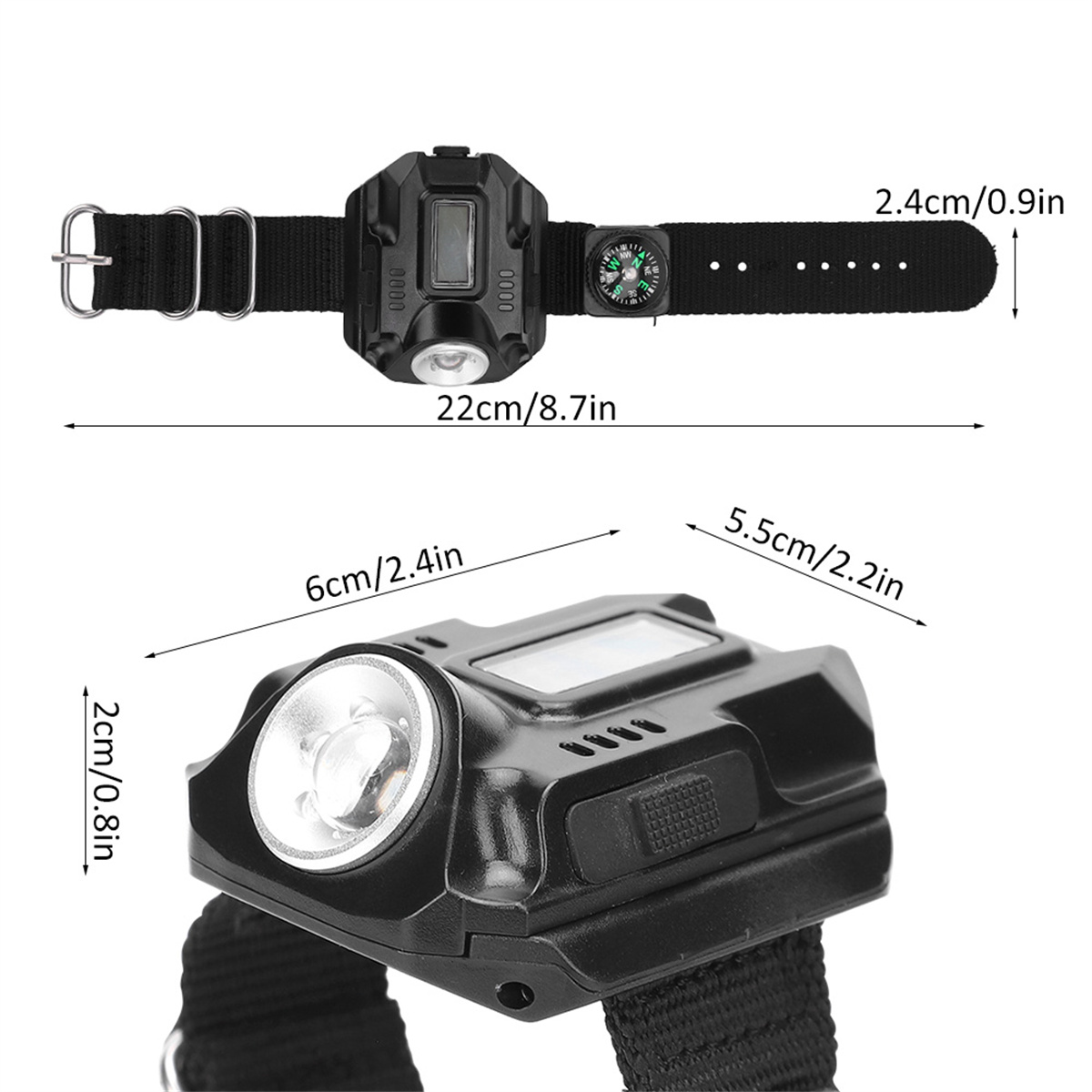 Schwarze Uhr mit Digitalanzeige, Kompass und Armband mit Maßen in cm und Zoll.