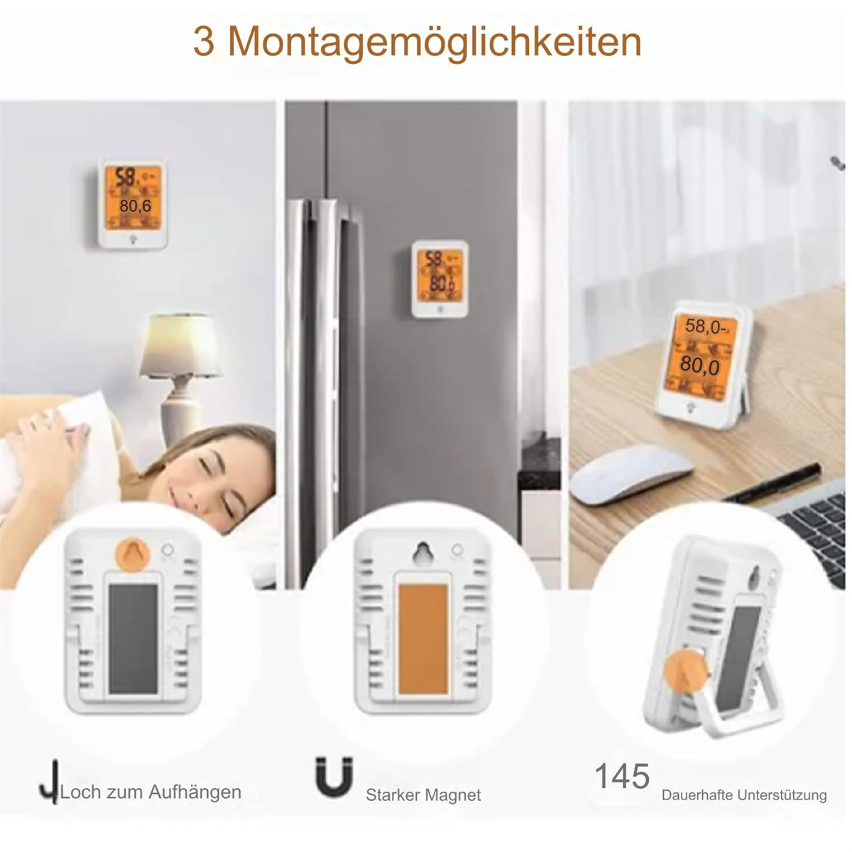 Drei Thermometer in verschiedenen Umgebungen. Eines an der Wand, im Kühlschrank und auf dem Tisch.