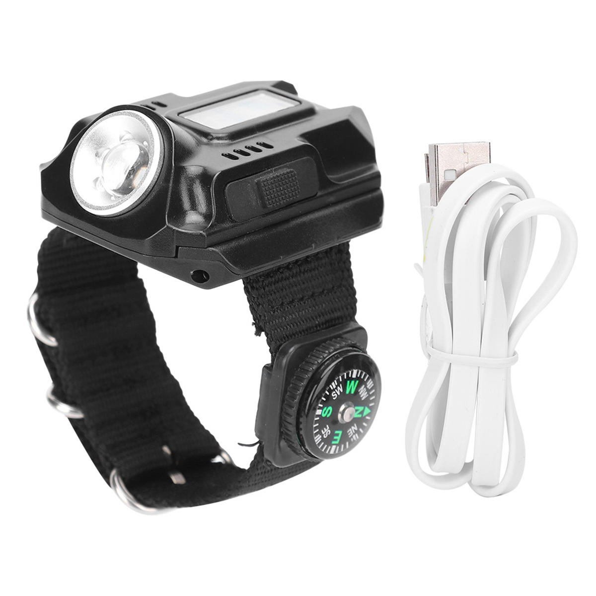 Eine schwarze Stirnlampe mit Armband, Kompass und weißem USB-Kabel.