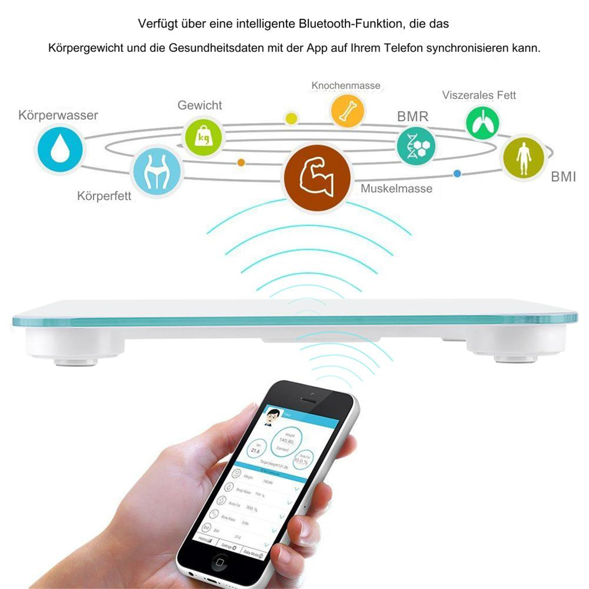 Eine Waage mit einem Smartphone, das Körpermetriken anzeigt. Die Waage ist weiß und hat eine Glasplatte.