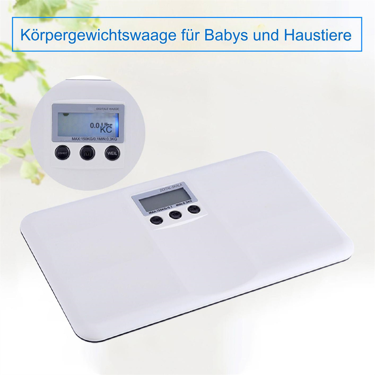 Weißes Babywaage mit digitaler Anzeige. Anzeige zeigt Gewicht.