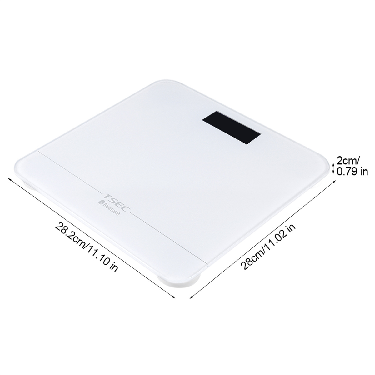 Eine weiße digitale Badezimmerwaage. Sie misst 28,2 cm/11,10 Zoll x 28 cm/11,02 Zoll, 2 cm/0,79 Zoll hoch.