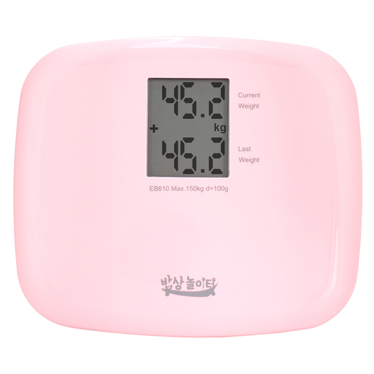 Eine rosa Digitalwaage. Sie zeigt das Gewicht in kg an: 45,2 kg aktuell, 45,2 kg zuletzt.