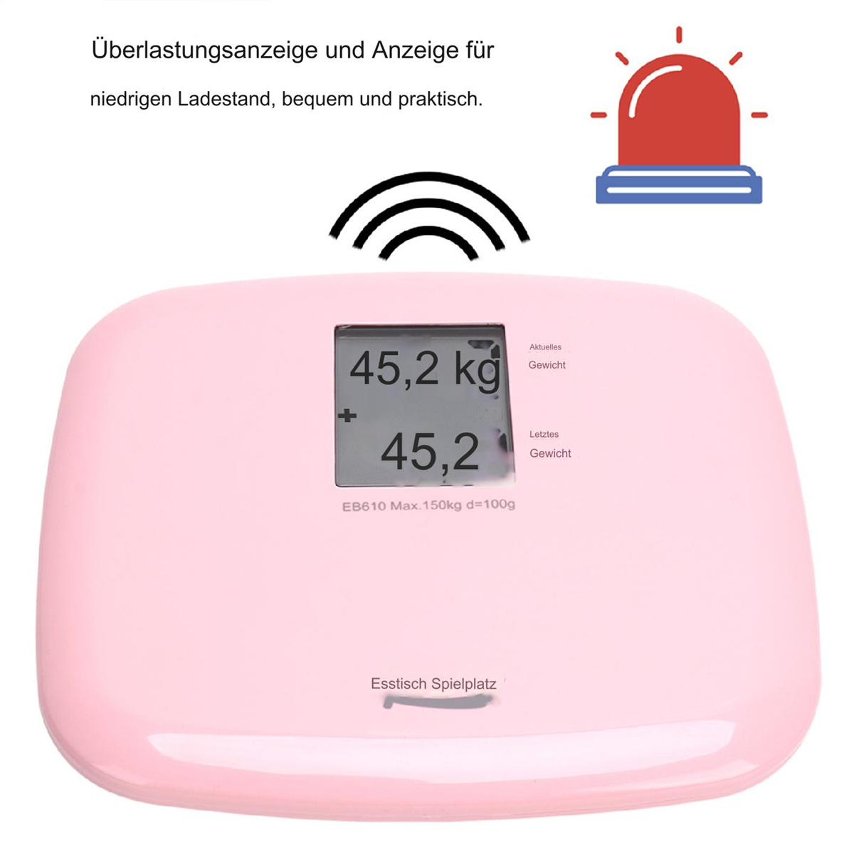 Rosa Waage. Anzeige zeigt Gewicht. Rotes Alarm-Symbol darüber.
