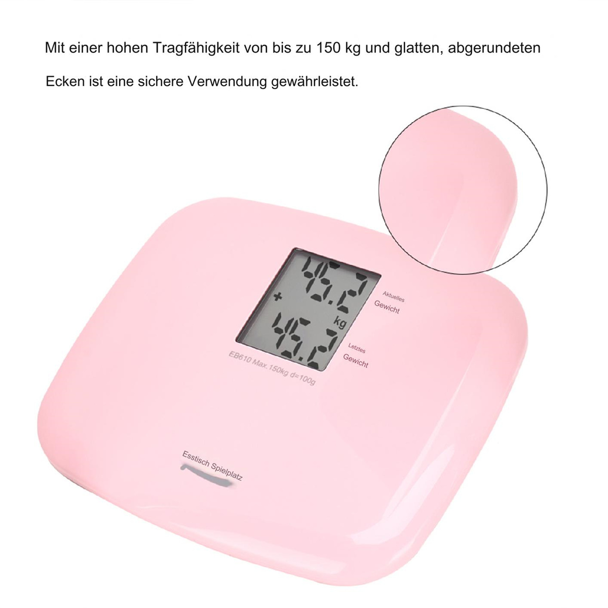 Rosa Digitalwaage mit Gewichtsanzeige. Anzeige 45,2 kg. Abgerundete Ecken.