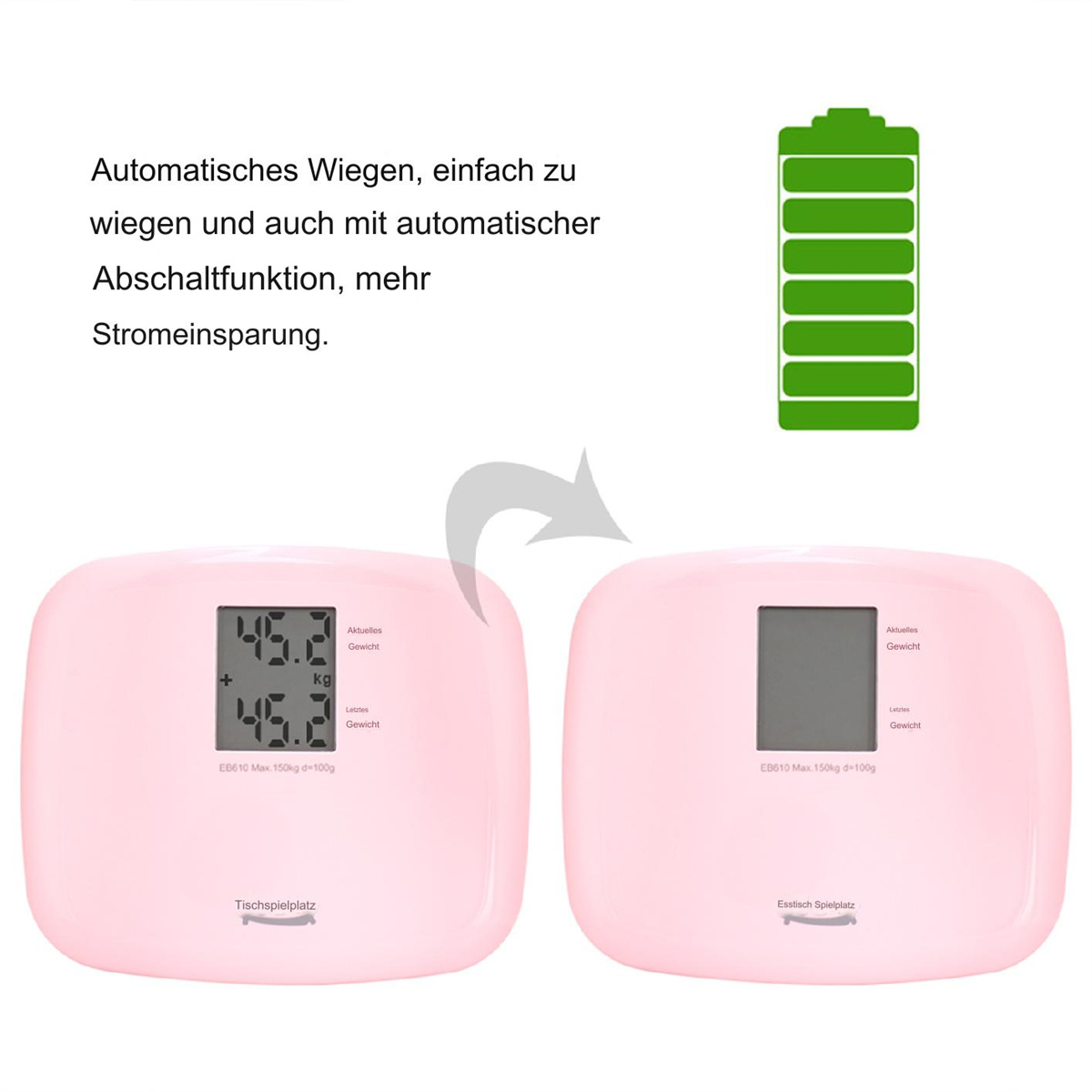 Zwei rosa Digitalwaagen und eine Batterie-Illustration. Weißer Hintergrund.