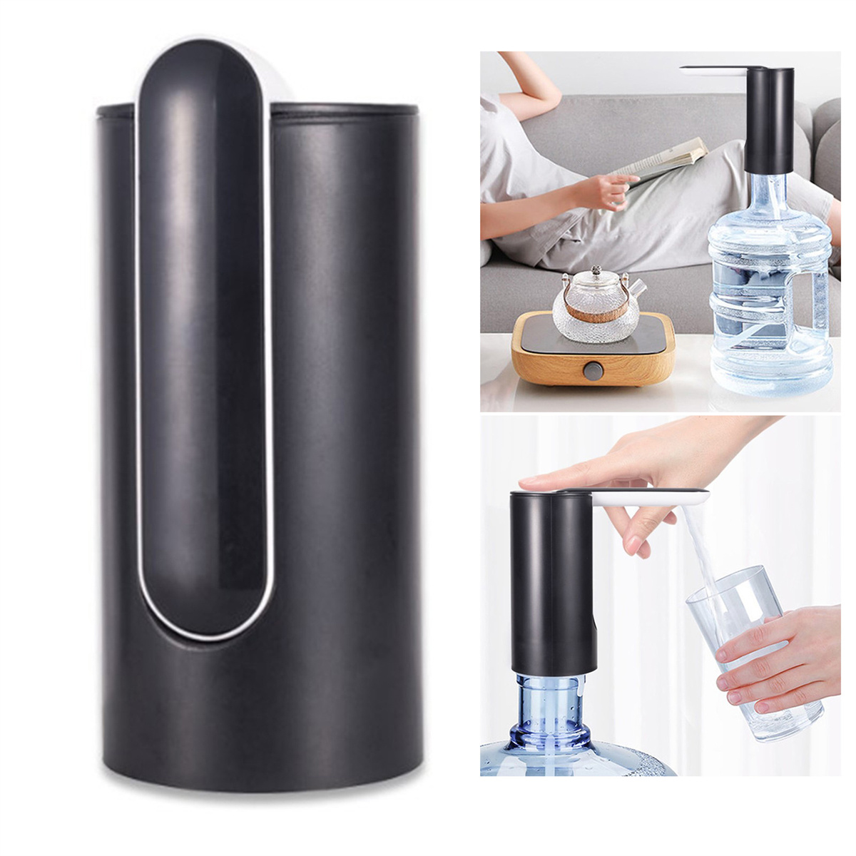 Wasserspender mit schwarzem Design, mit verschiedenen Bildern der Wassernutzung.